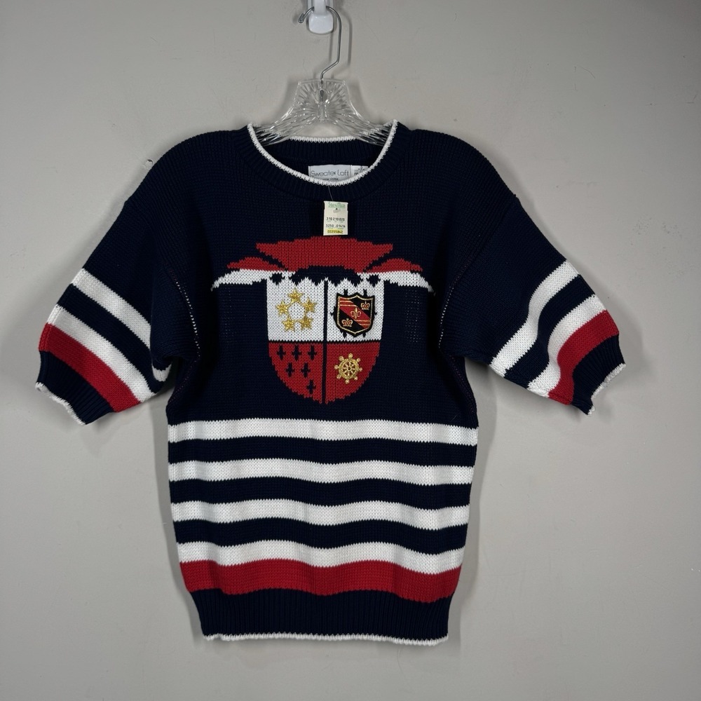 Sweater Loft Vtg Short Sleeve Nautical Preppy Knit Flags Cotton USA Sz S NEW